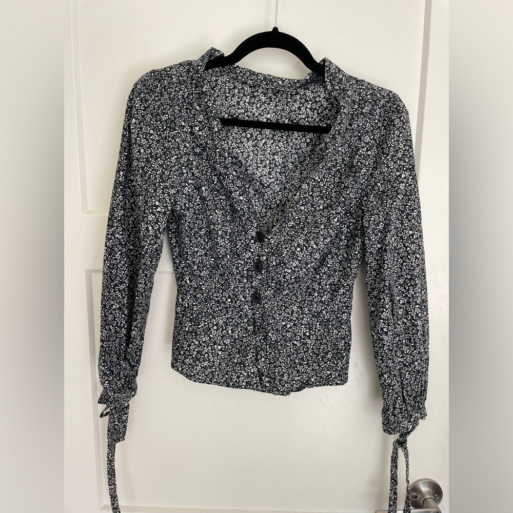 Free People Navy Blue Blouse with White Flowers